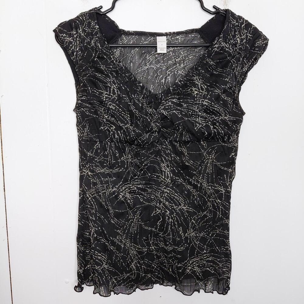 Merona Top Vintage Womens Medium Dark Witchy Y2K Babydoll Fitted Lettuce Hem